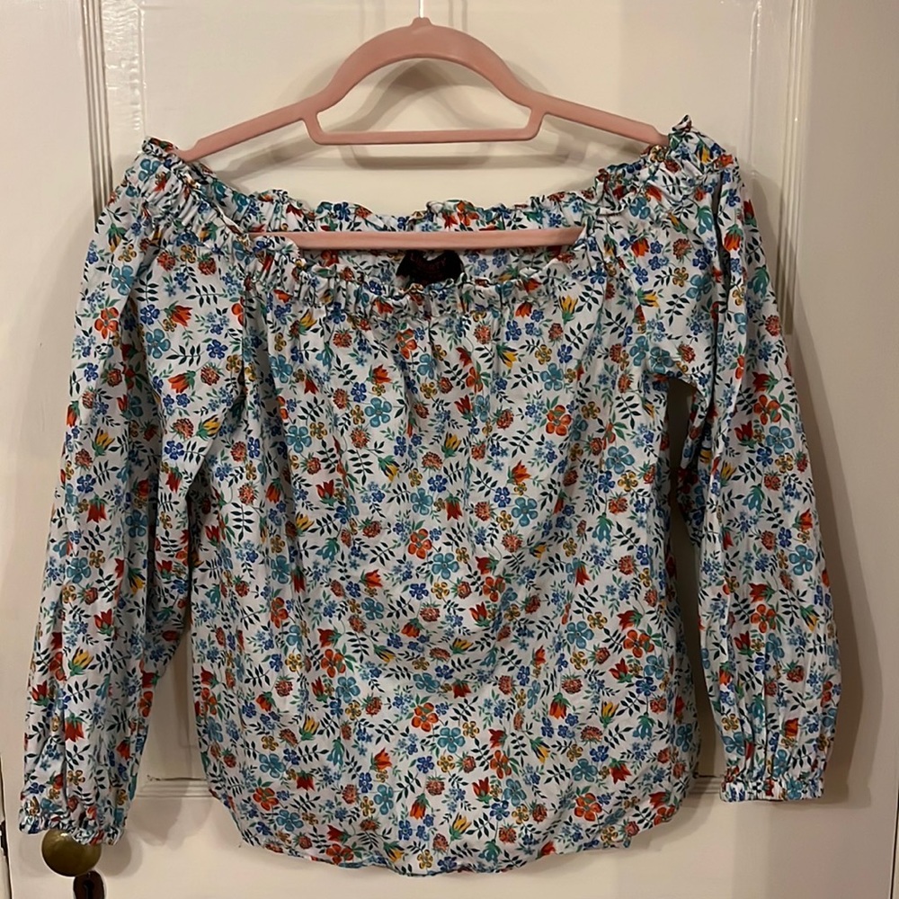 Liberty Art Fabrics for J. Crew off the shoulder floral top